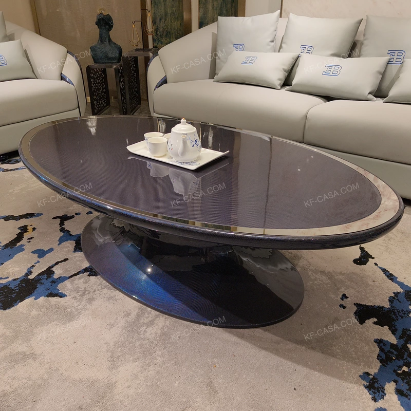 Luxury Modern Carbon Fiber Oval Coffee Table with Sculptural Pedestal Base